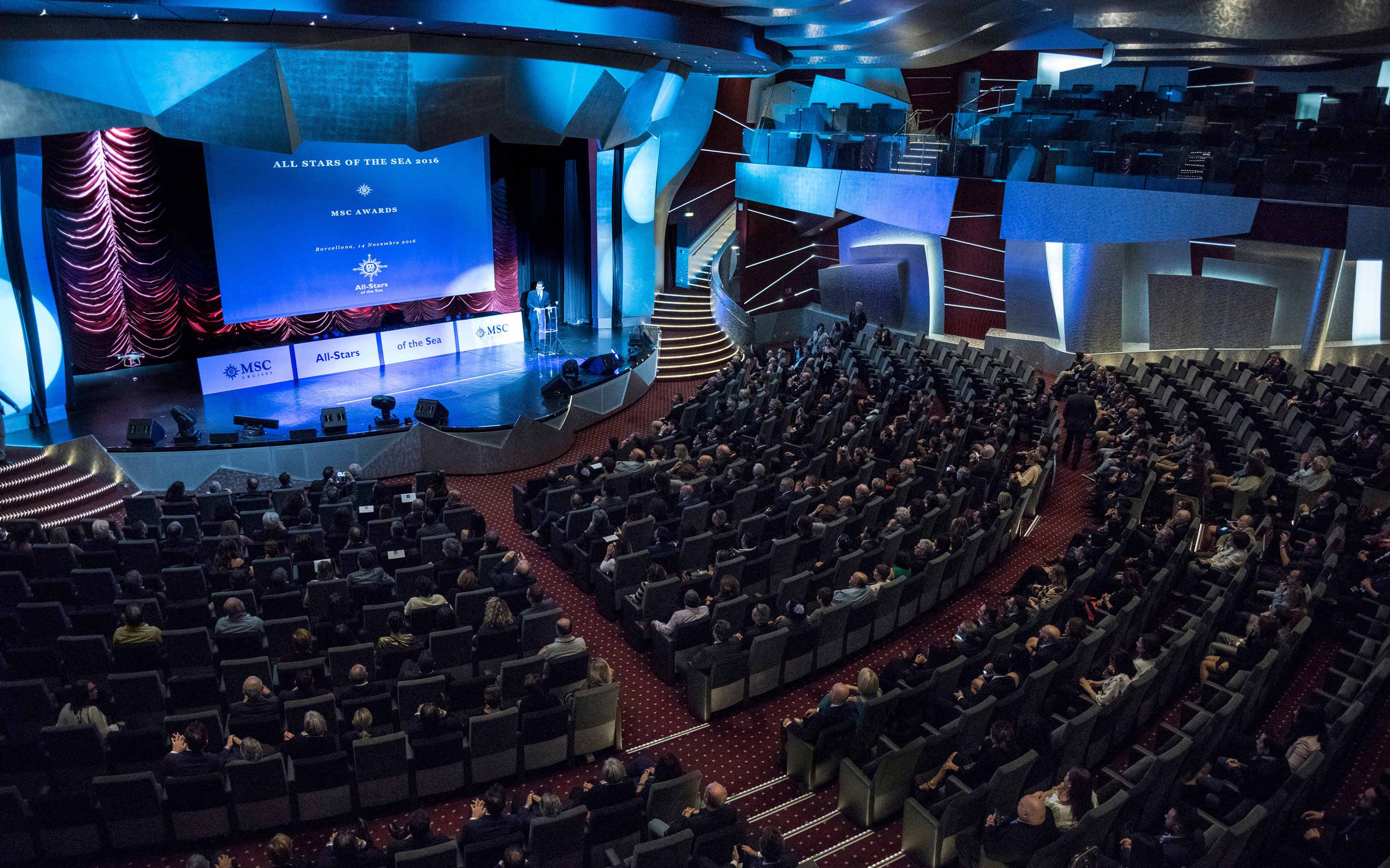 An elegant theater aboard an MSC cruise ship hosting the All Stars of the Sea awards ceremony | MSC Cruises An elegant theater aboard an MSC cruise ship hosting the All Stars of the Sea awards ceremony | MSC Cruises