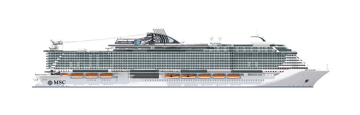 Side view of the MSC cruise ship showcasing its modern design and lifeboats | MSC Cruises Side view of the MSC cruise ship showcasing its modern design and lifeboats | MSC Cruises