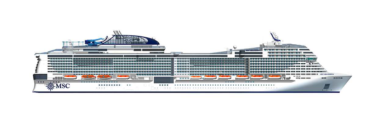 Side view of the MSC Grandiosa cruise ship with lifeboats and modern design | MSC Cruises Side view of the MSC Grandiosa cruise ship with lifeboats and modern design | MSC Cruises