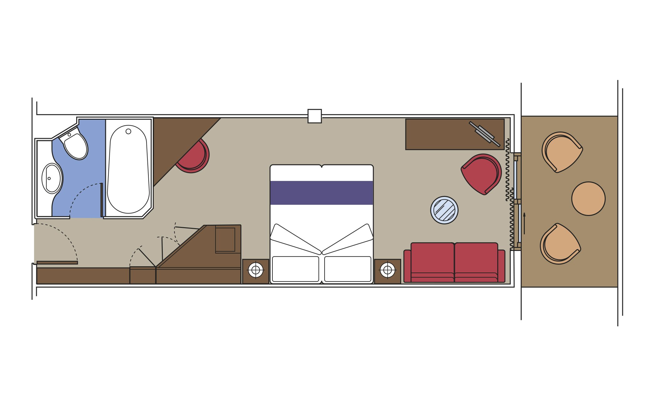 Diagram of a cruise ship cabin layout with bed, sofa, bathroom, and balcony seating | MSC Cruises Diagram of a cruise ship cabin layout with bed, sofa, bathroom, and balcony seating | MSC Cruises